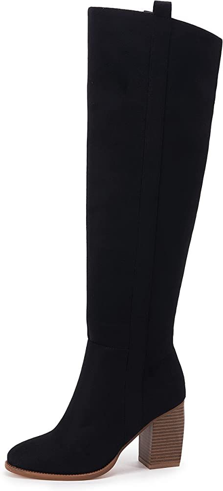 Womens Pointed Toe Knee High Boots Faux Suede Side Zipper Chunky Block Heel Stretch Winter Thigh Hig | Amazon (US)