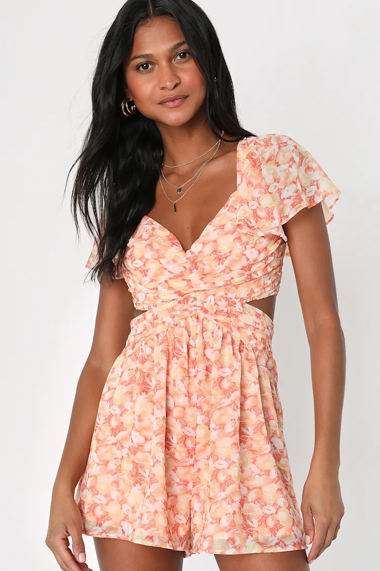Always Flirtatious Orange Floral Print Lace-Up Backless Romper | Lulus (US)