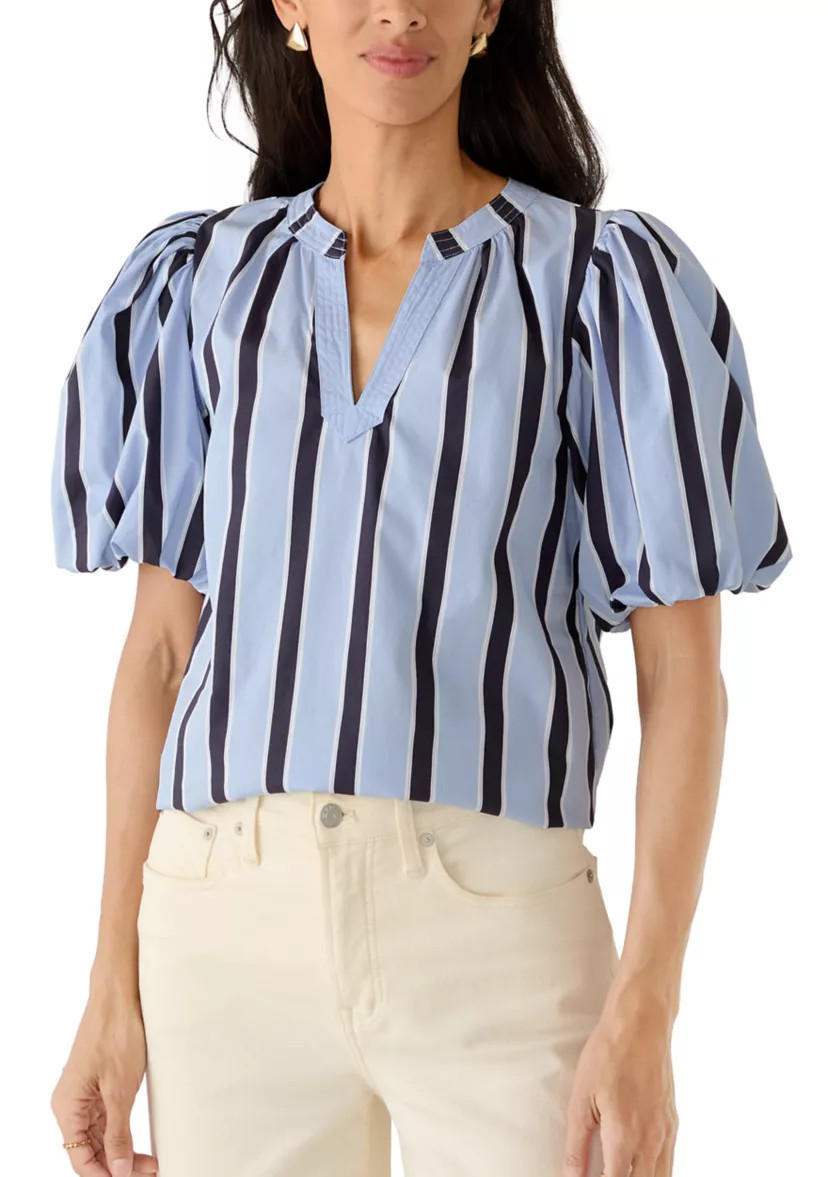 Women's Puff Sleeve Striped Split Neck Blouse | Belk