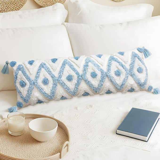 Mindsoft Decorative Lumbar Pillow Cover 14x36 Inch Coastal Blue and White Tufted Boho Throw Pillo... | Amazon (US)