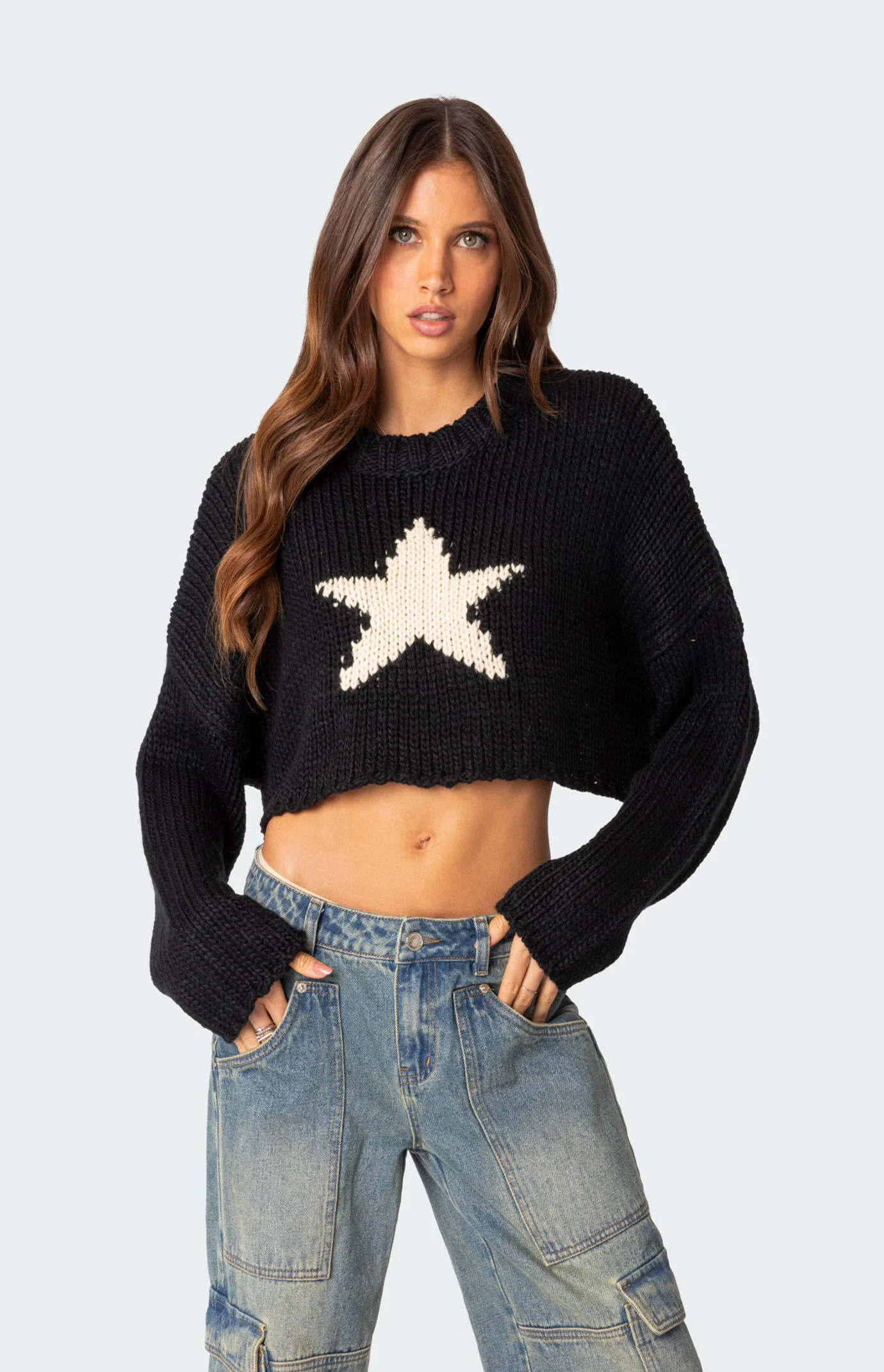 Edikted Women's Mega Star Cropped Sweater in Black - Size M/L | PacSun