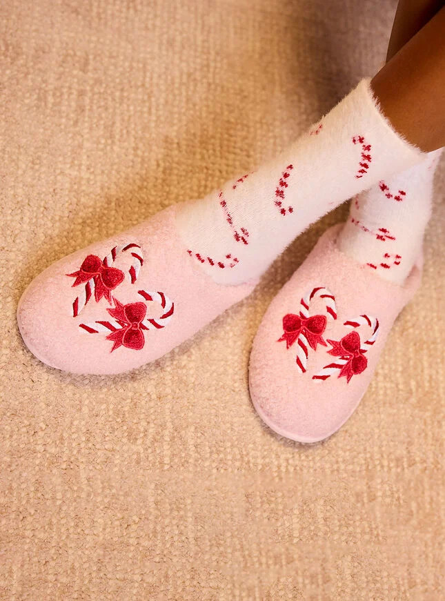 Candy cane embroidered mule slippers - Powder Pink | Boux Avenue (UK)