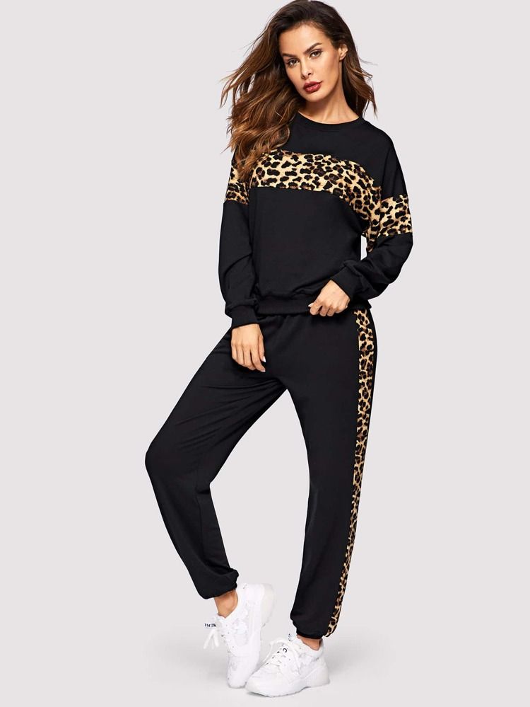 Leopard Panel Pullover and Sweatpants Set | SHEIN