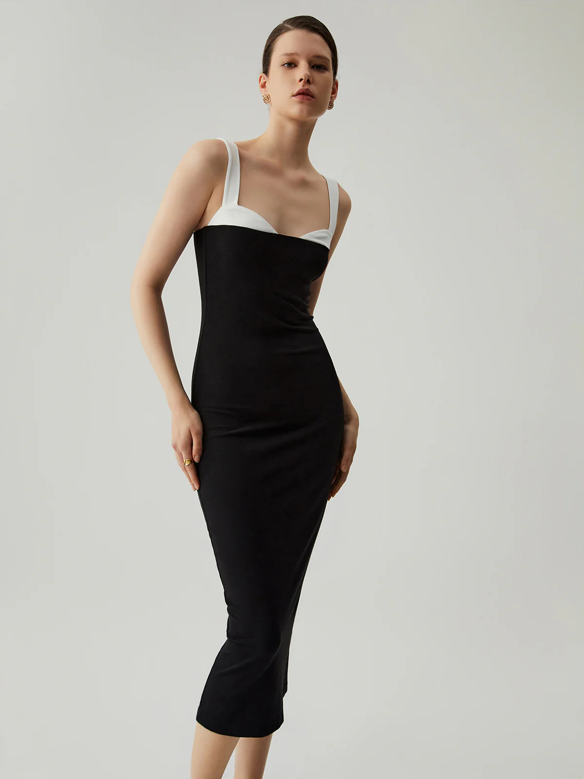 Bodycon Patchwork Sweetheart Collar Cami Midi Dress | Commense