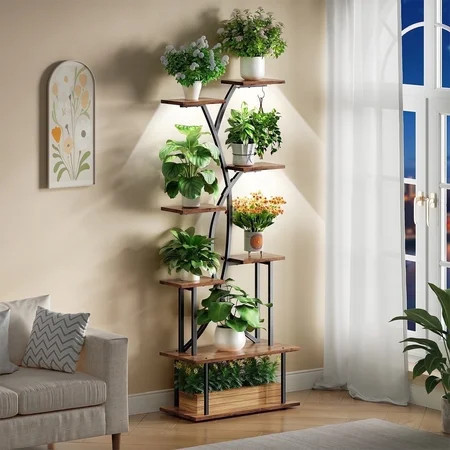 Plant Stand with Grow Lights, Biemlerfn 67" Tall Plant Shelf Indoor, 8 Tier Display Rack, Tree-Shape Metal Flower Holder for Home Living Room Office, Brown | Walmart (US)