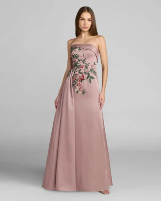 Purple Floral Embroidered Satin Strapless Gown | Mac Duggal