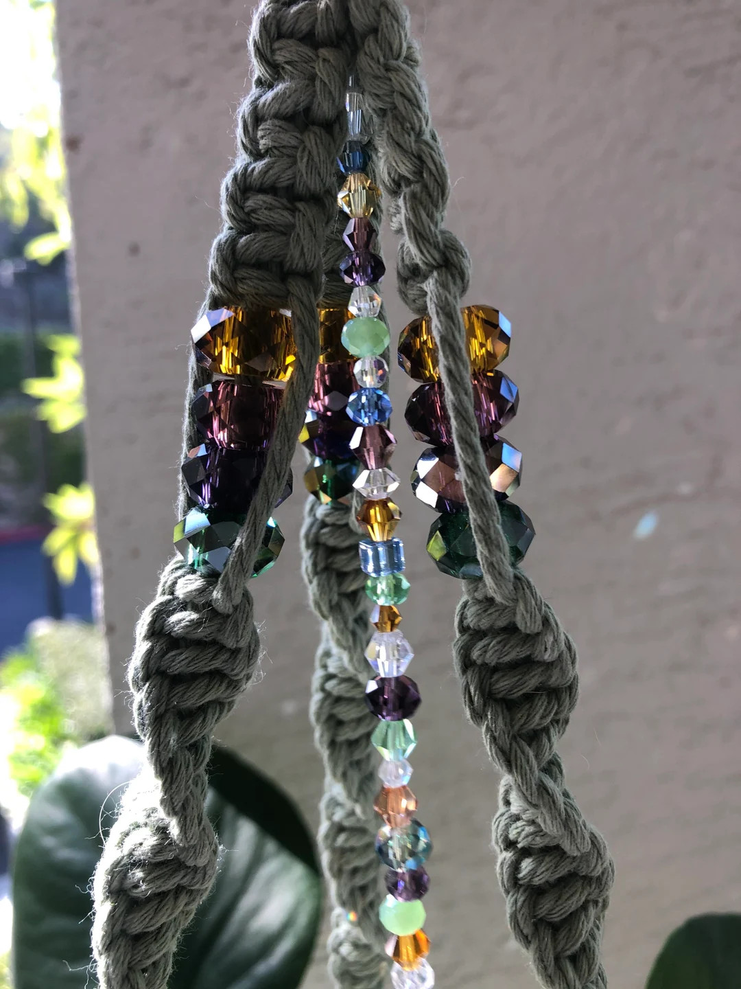 Large Jewel Tone Crystal Macrame Plant Hanger in Sage Green | Etsy (US)