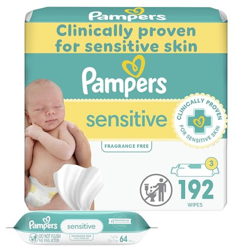 Pampers Baby Wipes Sensitive, Water Based Wipes, Hypoallergenic and Unscented Wipes, 192 Wipes Total (3 Refill Packs) | Amazon (US)