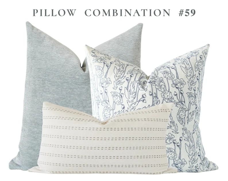 Pillow Combo Set, Neutral Stripe Pillow, Sage Velvet Pillow, Blue Floral Pillow Cover, Designer P... | Etsy (US)