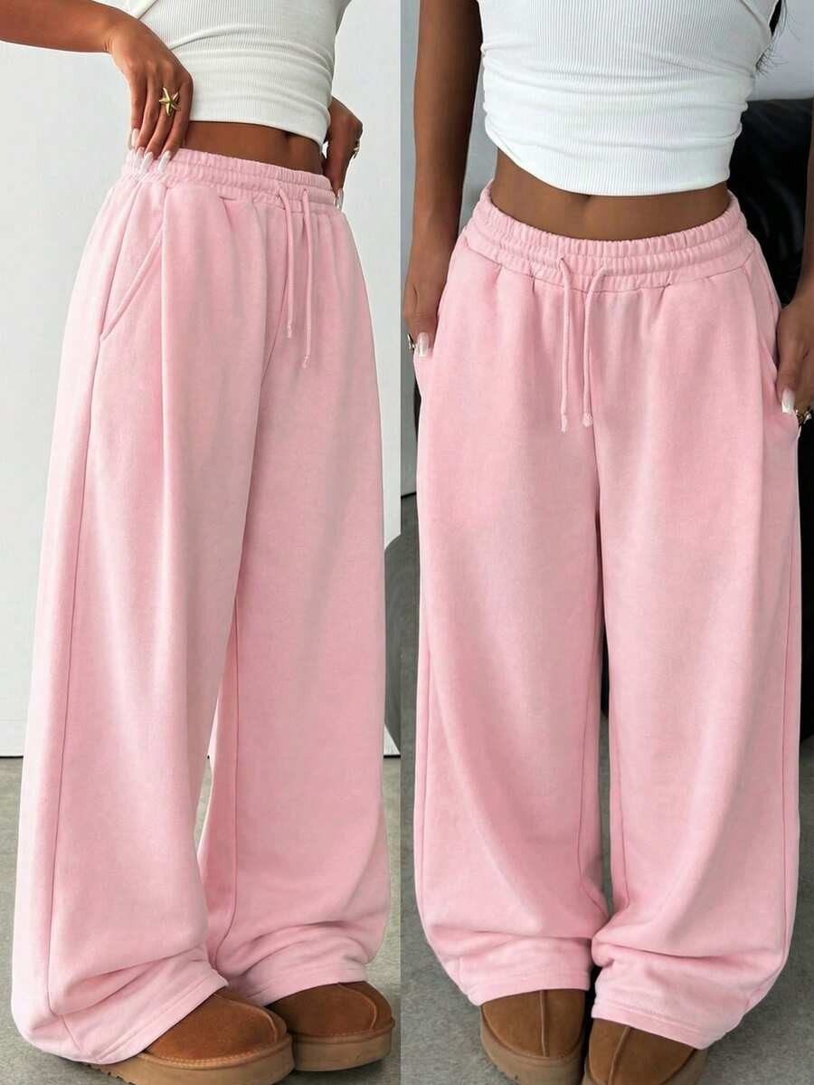 SHEIN Teen Girl Knitted Solid Pink Loose Casual Drawstring Pocket Wide Leg Sweatpants Comfy Pants... | SHEIN