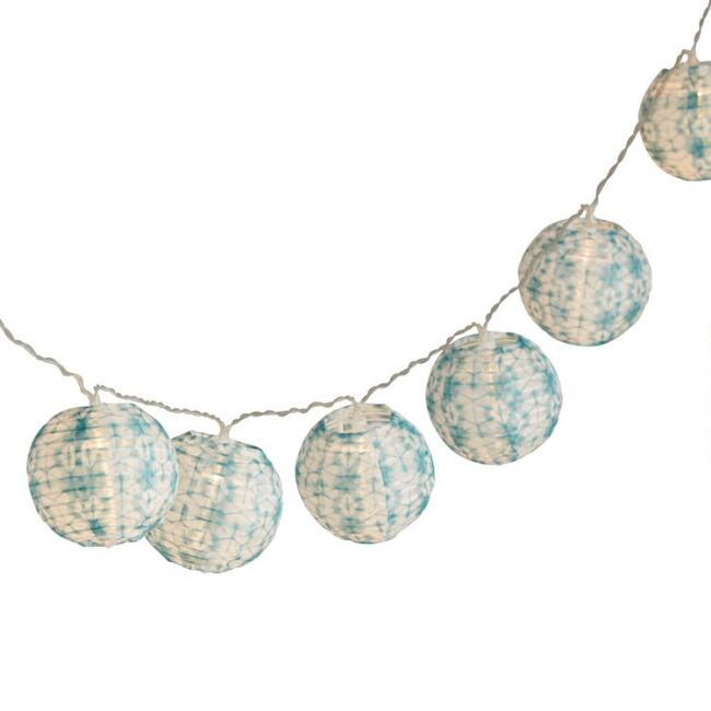 Blue Tie Dye Fabric Orb Solar LED 10 Bulb String Lights | World Market