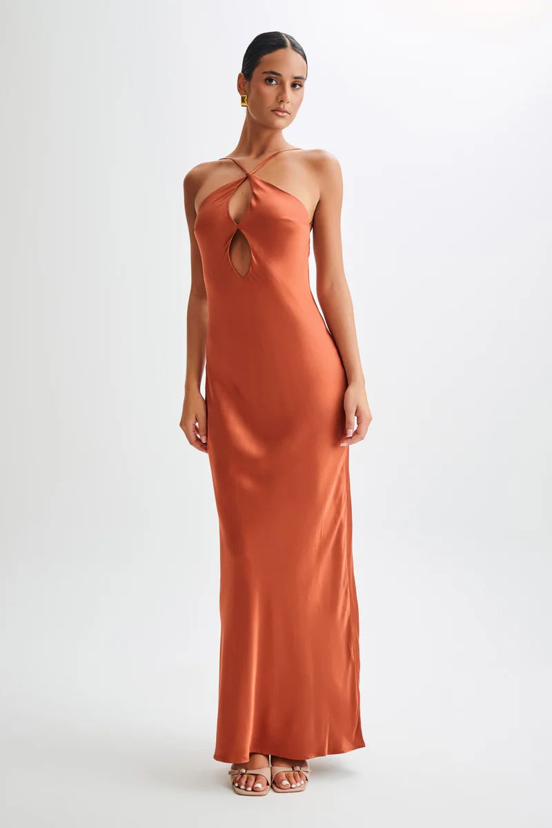 Lucia Satin Cut Out Maxi Dress - Burnt Orange | MESHKI US