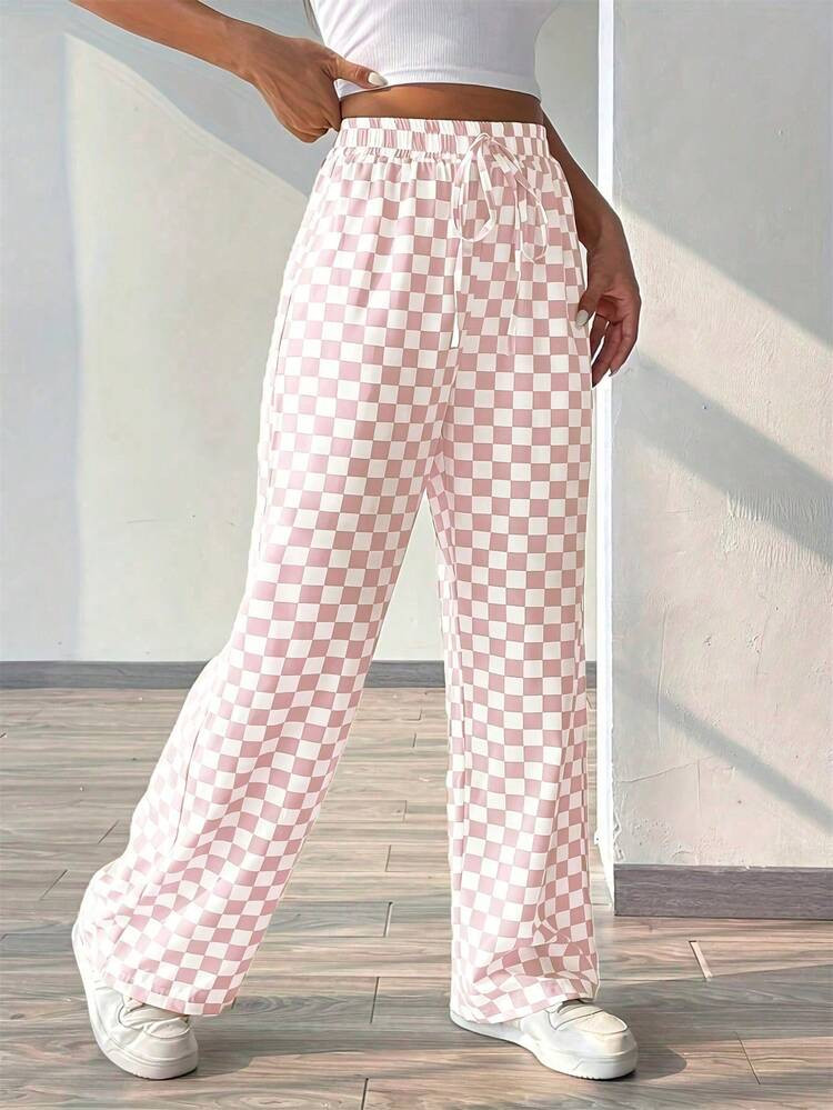 Spring/Summer Lightweight Polyester Plaid Print Casual Loose Drawstring Wide Leg Pants | SHEIN