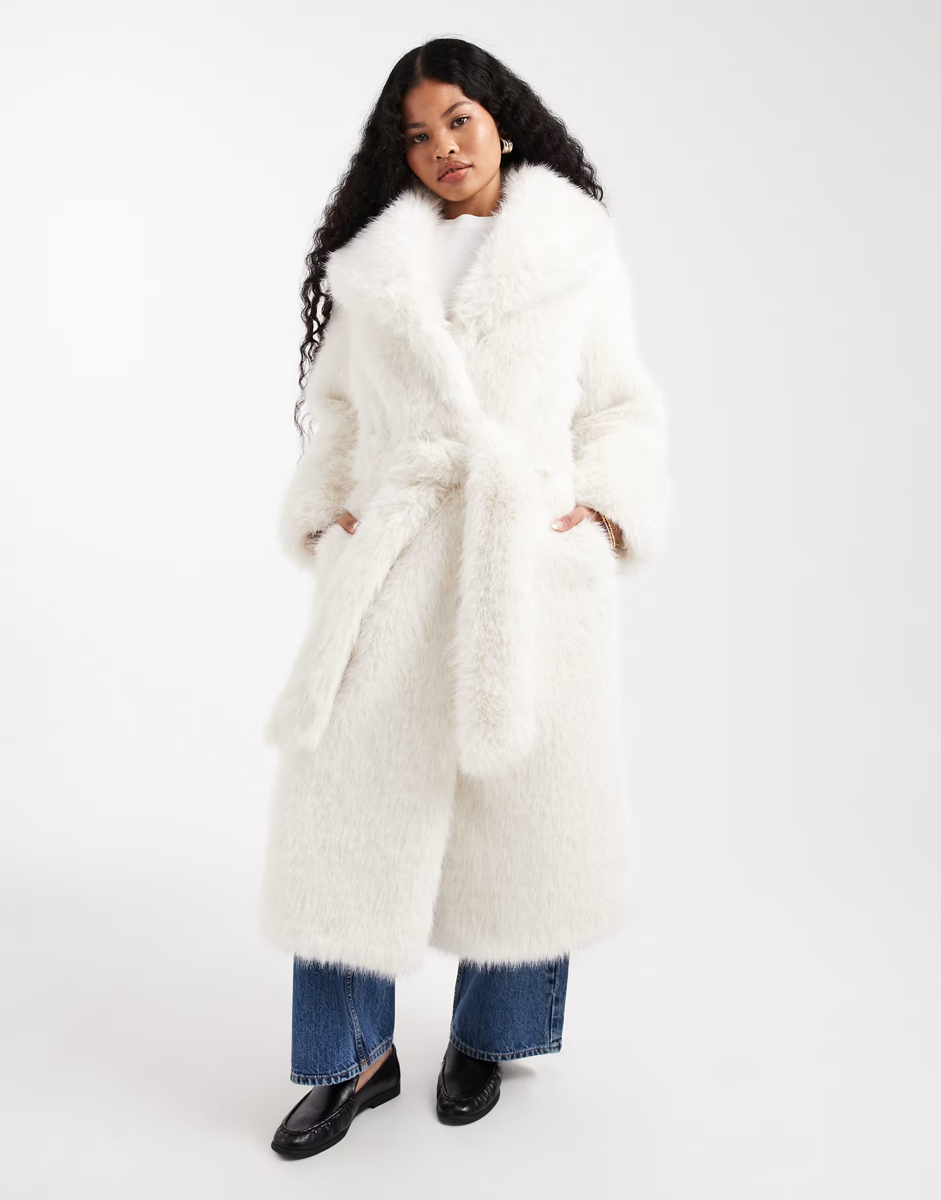 ASOS DESIGN Petite longline belted faux fur coat in cream | ASOS (Global)