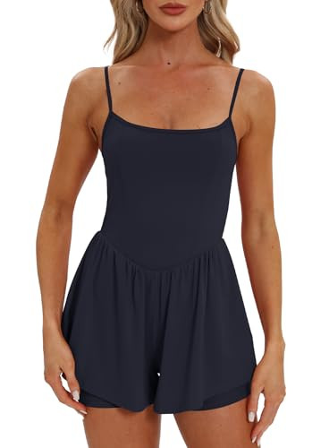 Beaully Women's Summer Sleeveless Rompers Spaghetti Strap Double Lined Shorts Jumpsuit One Piece Outfits 6110 Dark Blue S | Amazon (US)