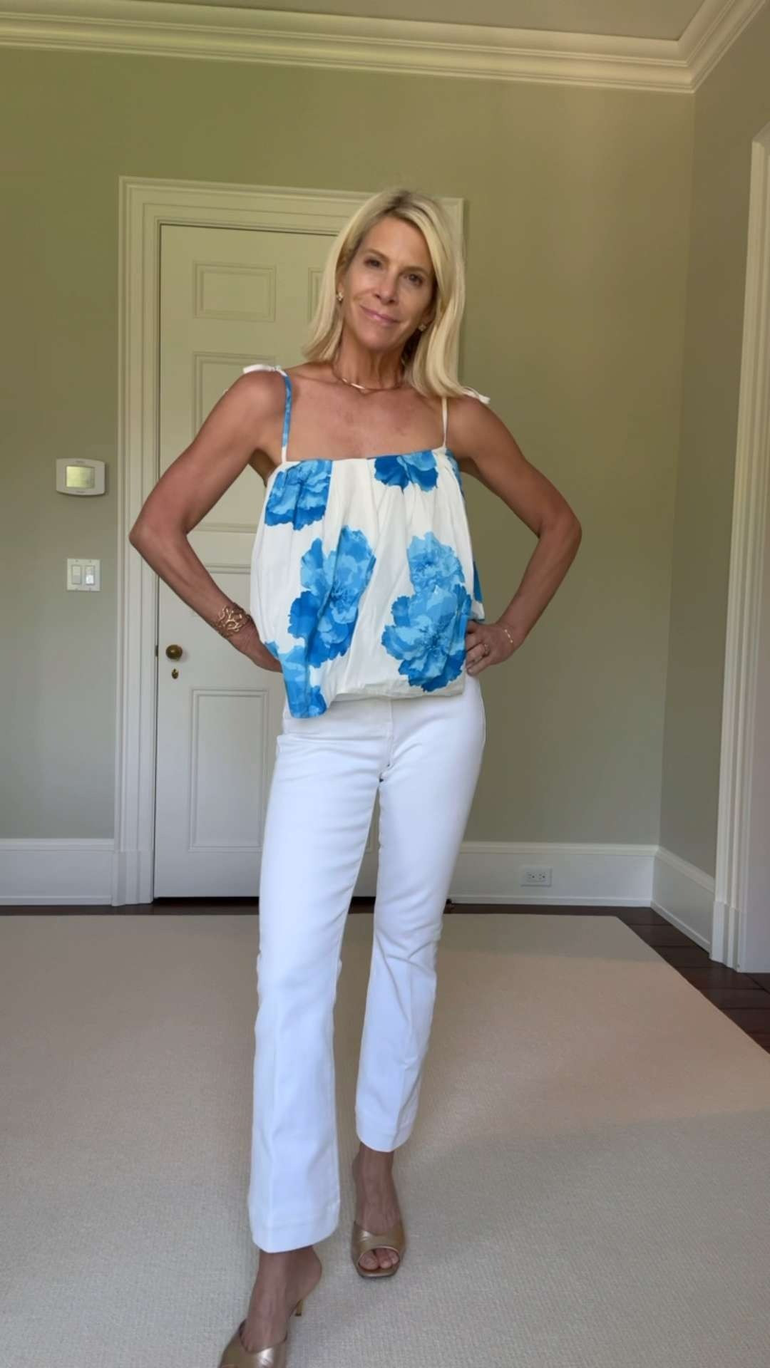 Blue Floral Summer Top with White Jeans 

 #LTKootd #LTKSeasonal #LTKOver40