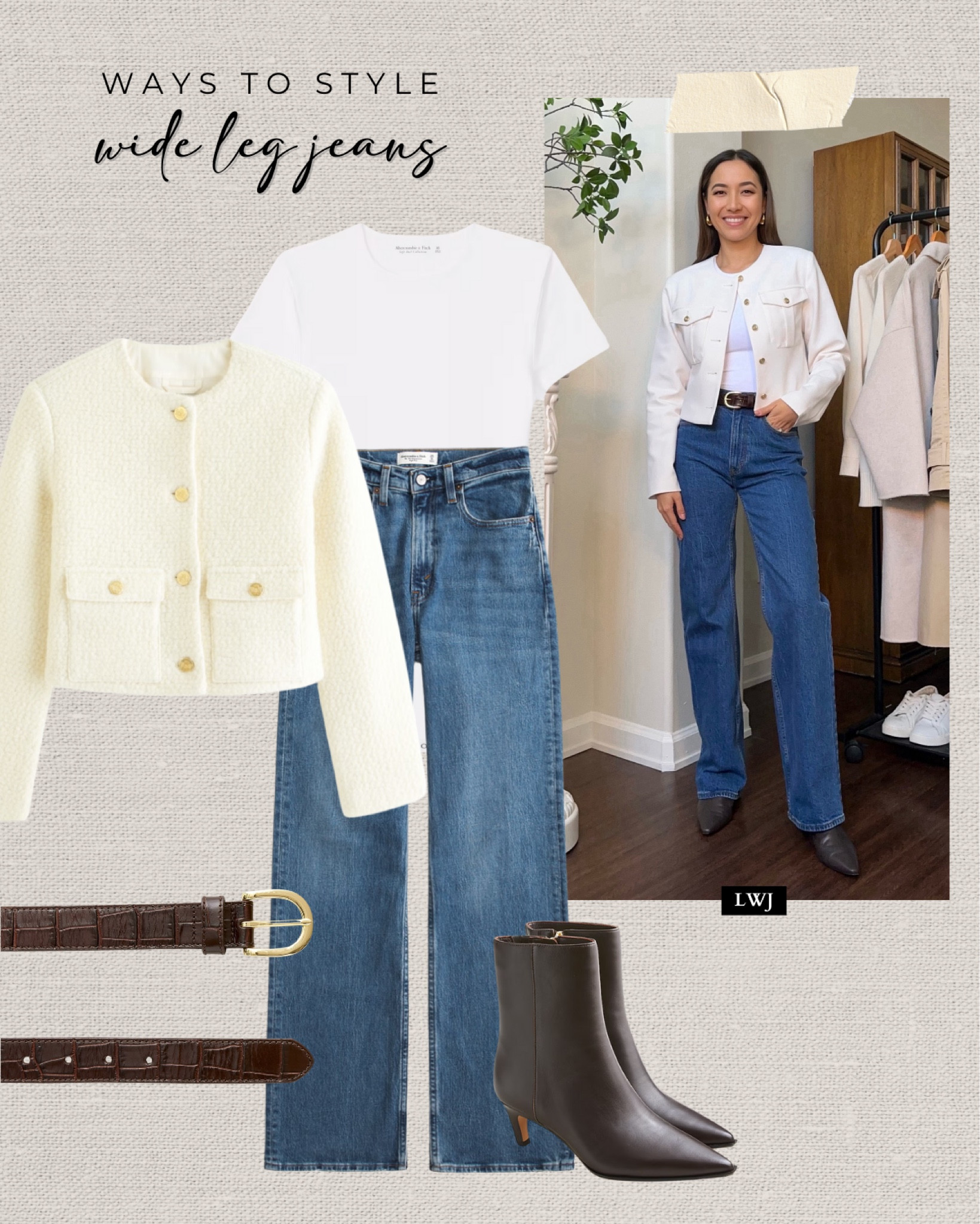 Ways to style wide leg jeans for spring 

Collarless jacket 
White bodysuit 
Relaxed jeans 
Chocolate brown kitten heel boots 
Belt 

Workwear / transitional spring 

#LTKStyleTip #LTKWorkwear #LTKSaleAlert