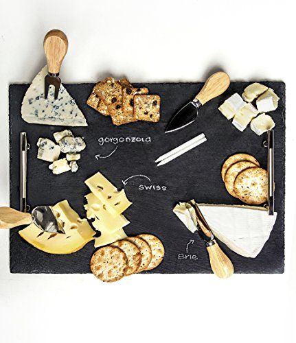 Slate Cheese Board - 7 pc Serving Tray Set 16"x12" Large - Stainless Steel Handles - Soapstone Chalk | Amazon (US)