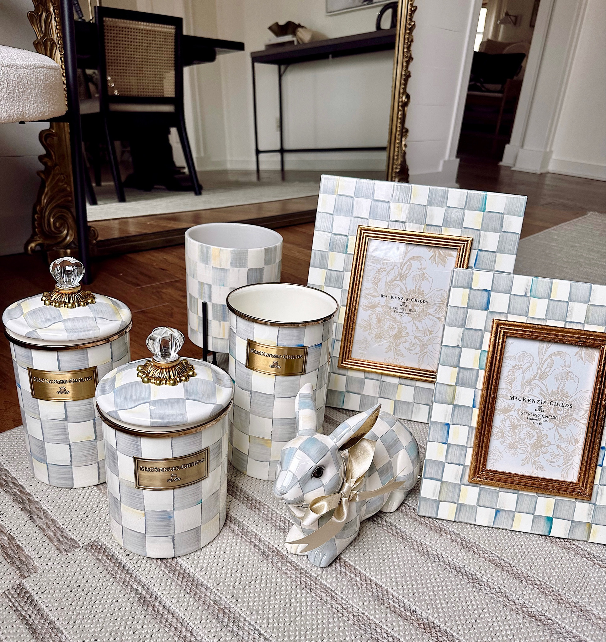 My favorite Mackenzie-Childs pieces // Sterling Check collection // Enamel frame // bunny // spring home 