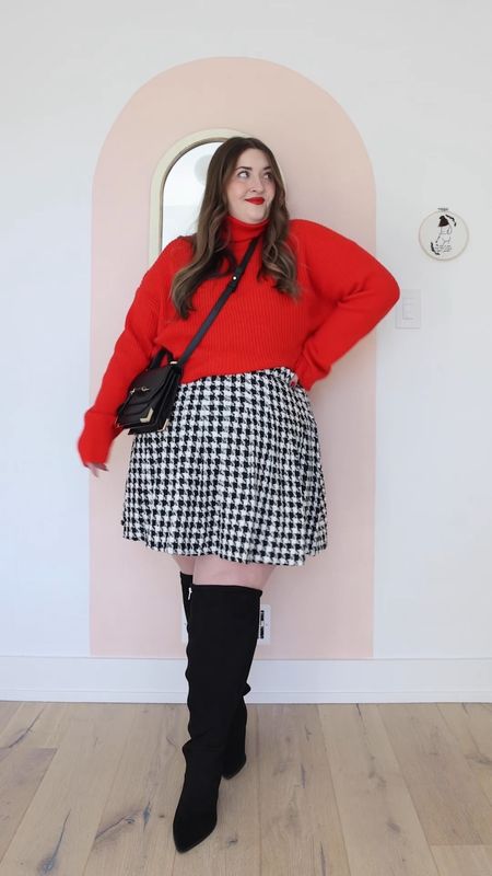 Plus size red turtleneck & houndstooth skirt winter look 

Lipstick shade: 999 velvet 

#LTKstyletip #LTKHoliday #LTKplussize