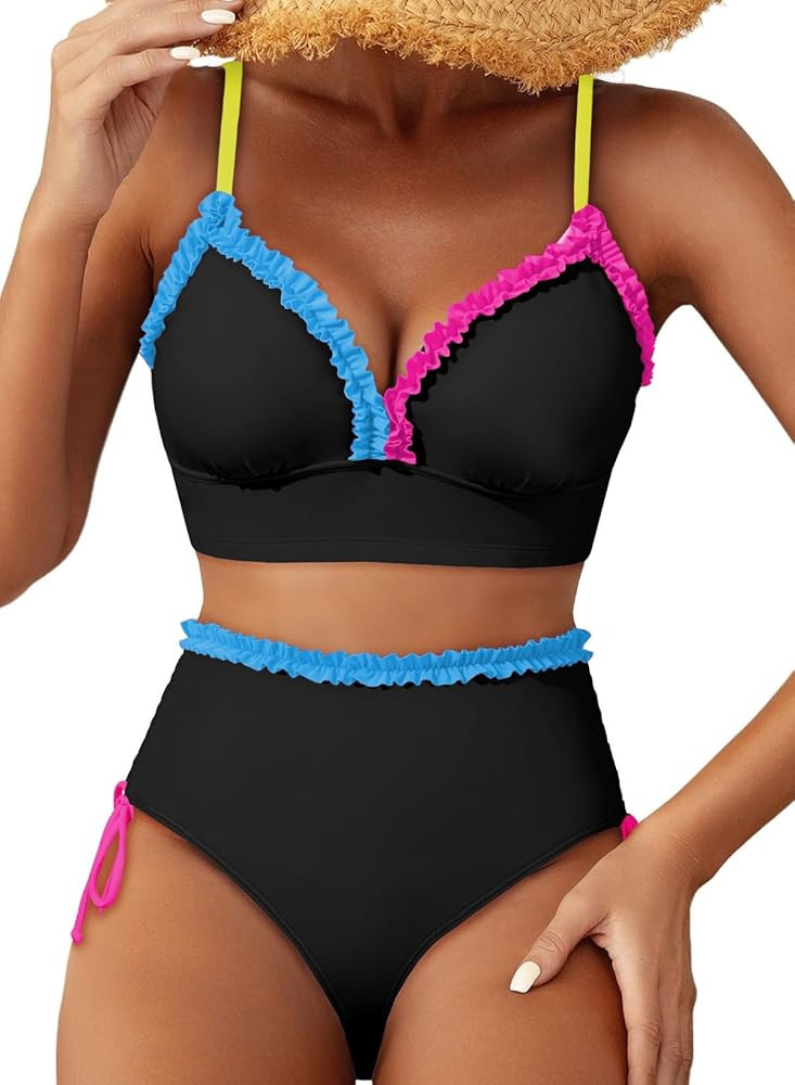 Herseas Women's Splice Ruffle Trim Bikini Sets Tie Side Swimsuits High Waisted Bathing Suits | Amazon (US)