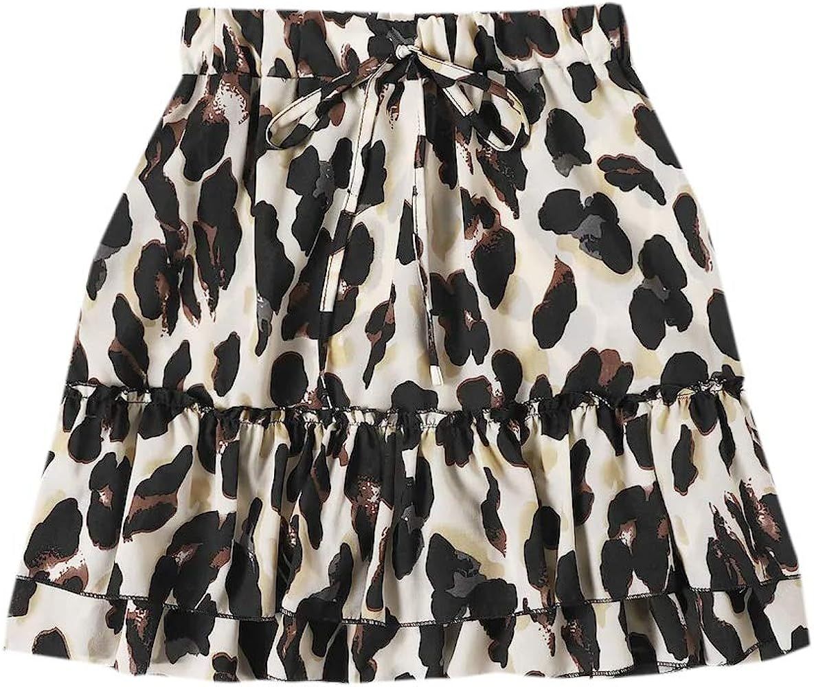 Women's Leopard Print Drawstring Waist Layer Ruffle Hem Short Skirt | Amazon (US)