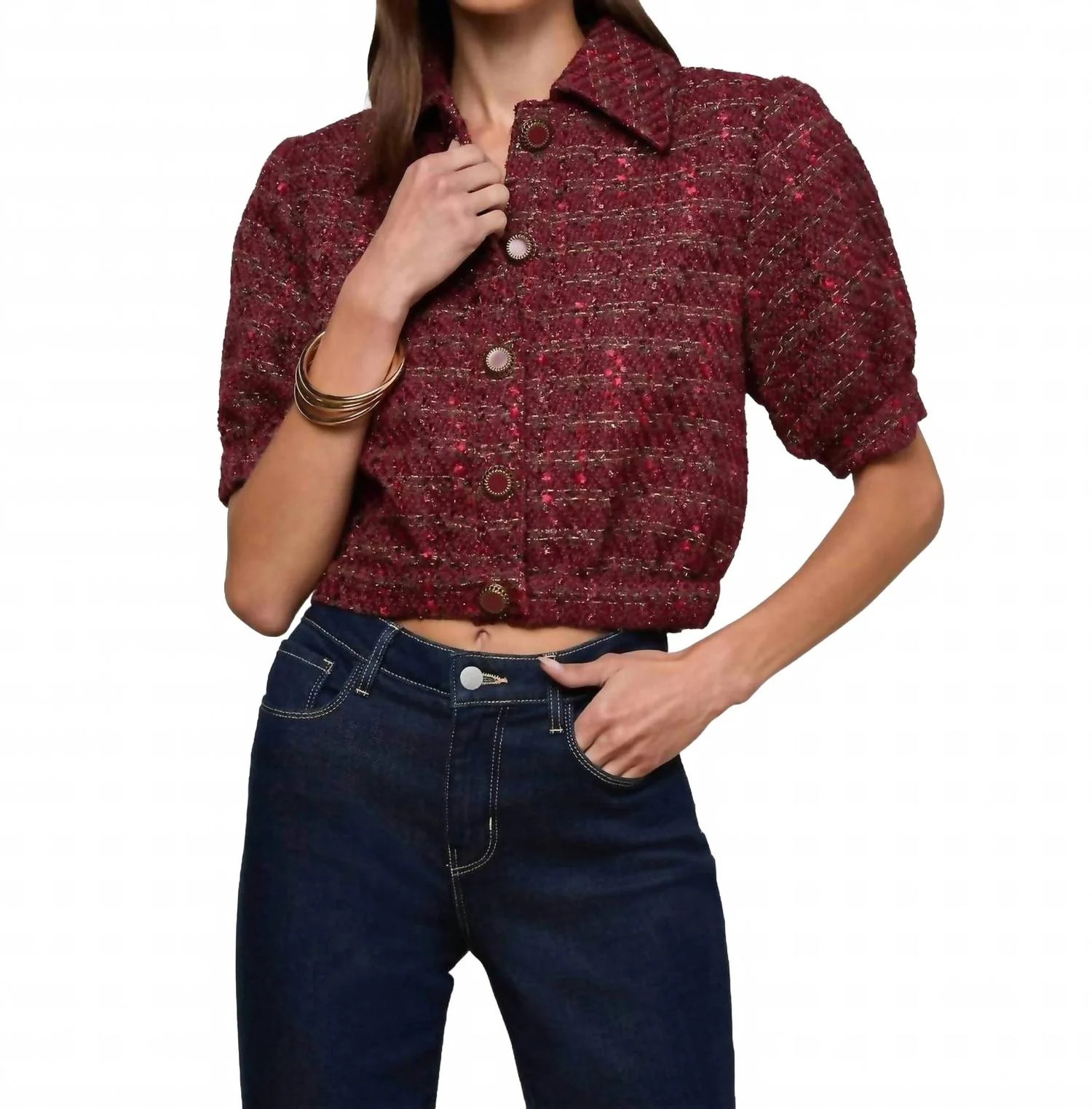 Cove Crop Short Sleeve Jacket In Brown/black Cherry Multi Tweed | Shop Simon