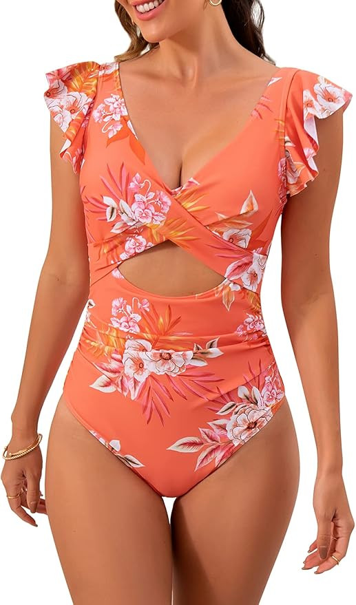B2prity Women's One Piece Swimsuit Ruffle Cutout Bathing Suits Slimming Tummy Control V Neck Wrap... | Amazon (US)
