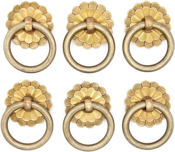 6 PCs Vintage Antique Brass Ring Pulls - Pure Solid Brass Cabinet Hardware- Ring Size 1.4-in (3.5... | Amazon (US)