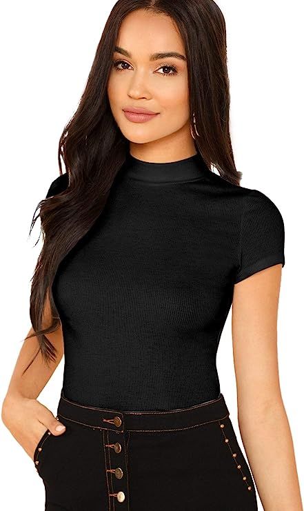 SheIn Women's Mock Neck Short Sleeve Slim Fit Knit Crop T-Shirts | Amazon (US)