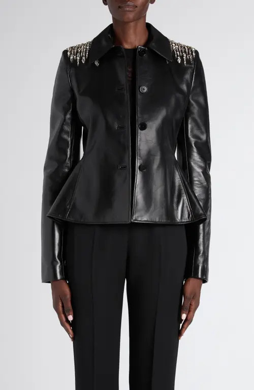 McQueen Crystal Embroidered Leather Peplum Jacket in Black at Nordstrom, Size 4 Us | Nordstrom