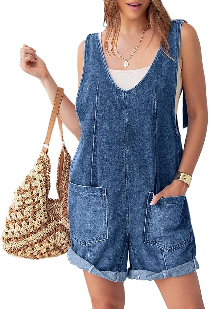 Glamaker Womens Summer Denim Romper Overall Shorts Casual Sleeveless V Neck Jean Romper Denim Out... | Amazon (US)