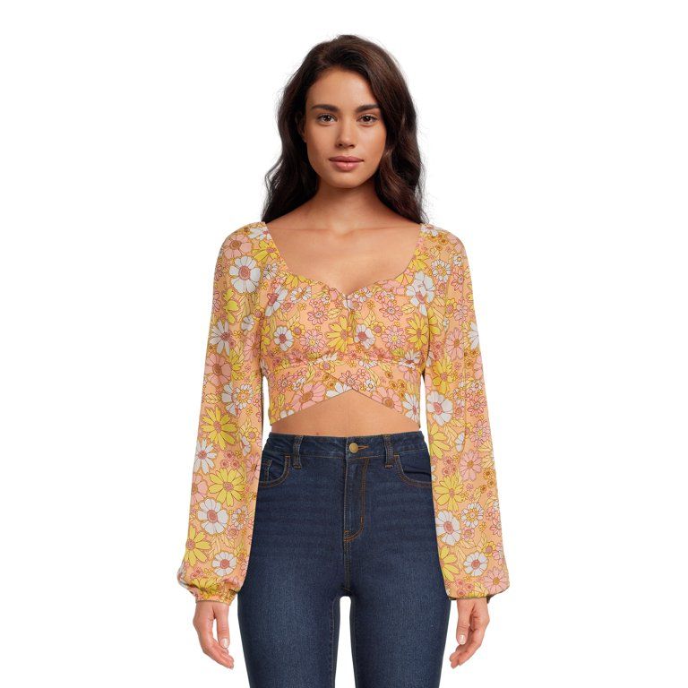 Madden NYC Junior's Cropped Back Tie Top with Long Blouson Sleeves, Sizes XS-XXXL | Walmart (US)