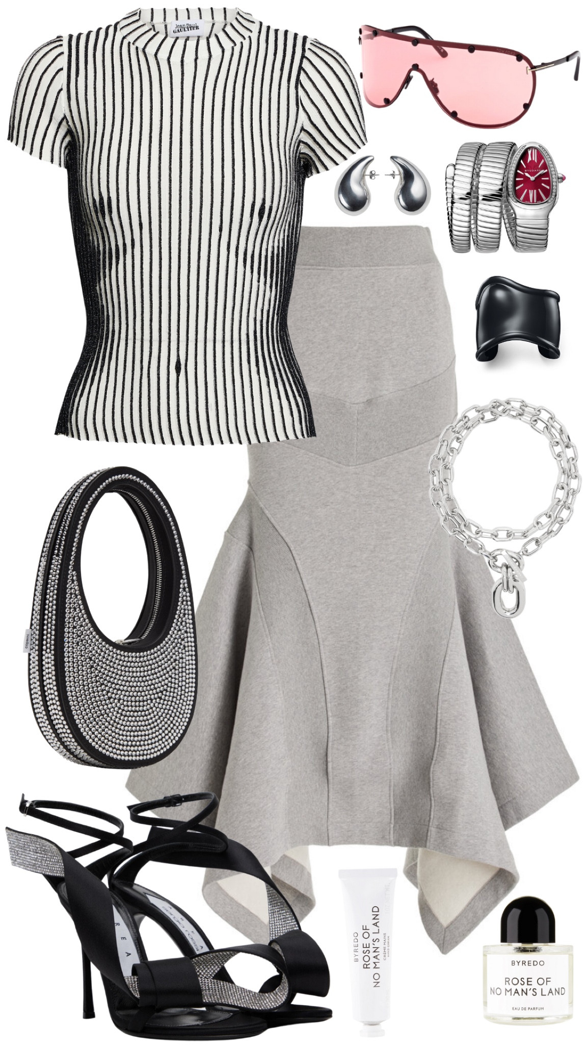 jean Paul gaultier top 
the attico skirt 
area x sergio rossi heels 
coperni bag 
tom ford sunglasses 
bulgari watch 
paco rabanne necklace 
elsa peretti x tiffany&co bone cuff 
bottega veneta earrings 
byredo rose of no man’s land perfume 
byredo rose of no man’s land hand lotion 

#LTKFind #LTKsalealert #LTKSeasonal