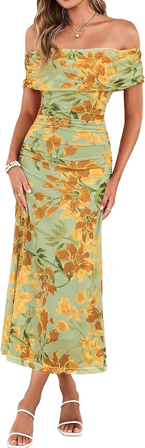 Simplee Womens Summer Floral Off Shoulder Maxi Dress 2026 Spring Ruched Bodycon Formal Wedding Gu... | Amazon (US)
