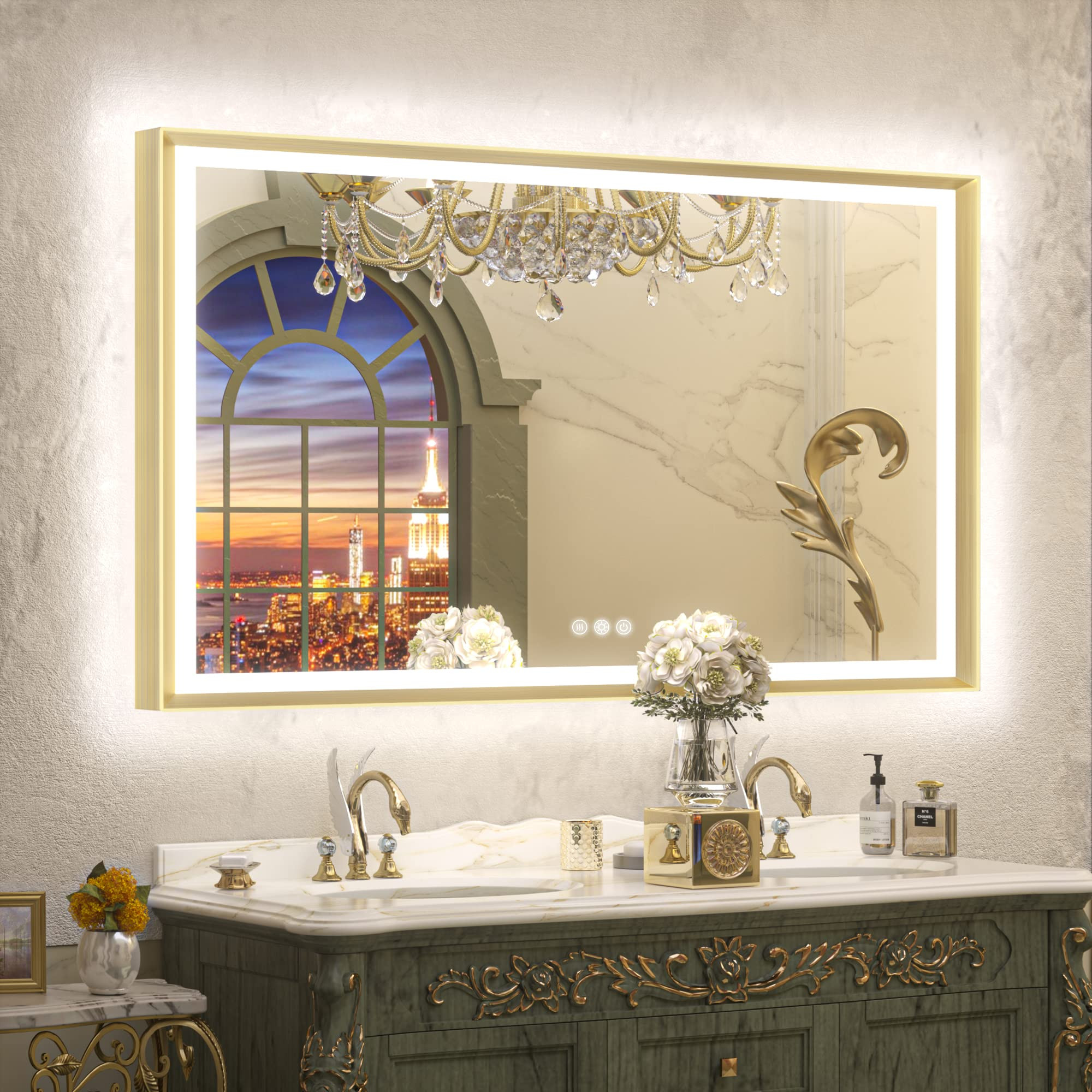 TETOTE Gold LED Bathroom Mirror with Lights 55x36 Front & Back Light Vanity Framed Mirror Baroque... | Amazon (US)