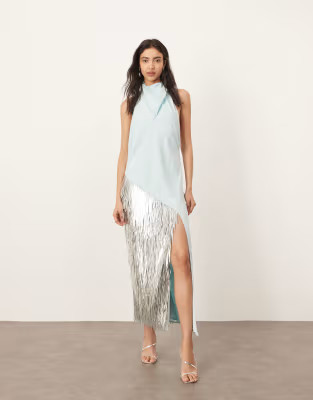 ARRANGE embellished shard panel halterneck maxi dress in light blue | ASOS (Global)