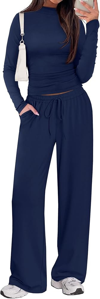 Sampeel Two Piece Lounge Set for Women 2 Piece Fall Outfits 2025 Mock Neck Ruched Tops Wide Leg P... | Amazon (US)