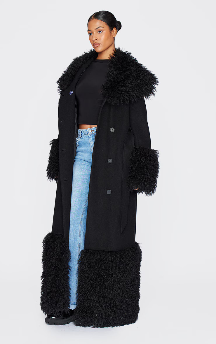 Tall Black Faux Fur Trim Contrast Wool Look Coat | PrettyLittleThing US