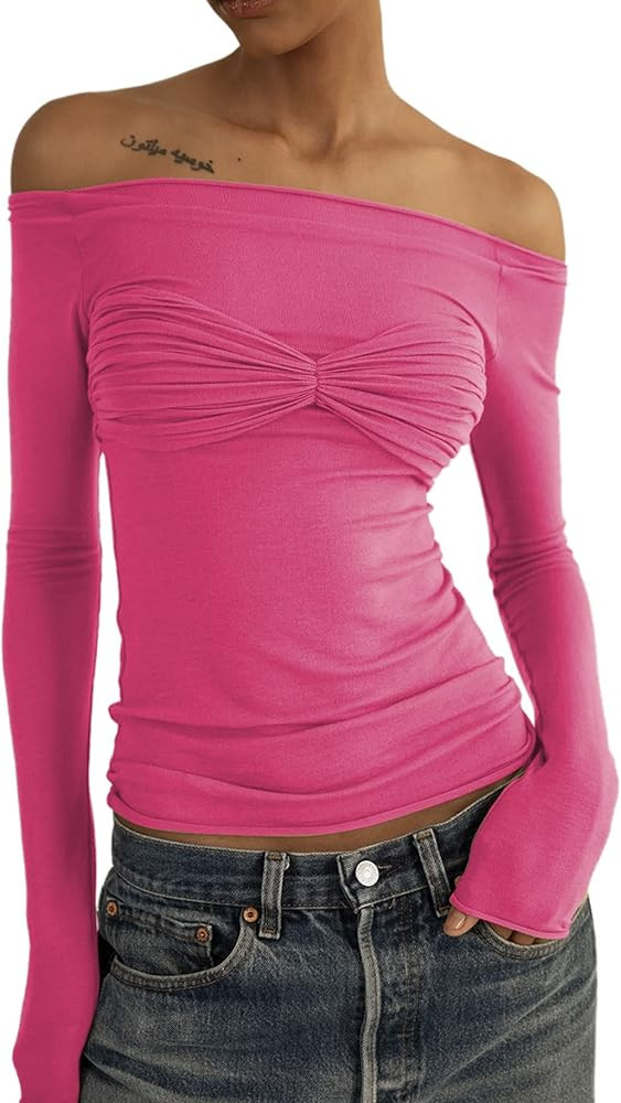 MISSACTIVER Women's Y2K Sexy Off Shoulder Sheer Mesh T-Shirt Solid Ruched See Through Long Sleeve... | Amazon (US)