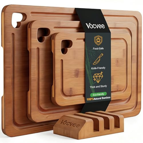 Vocvee Bamboo Cutting Boards for Kitchen(Set of 3), Wood Cutting Board with Wood Storage Stand, Charcuterie & Chopping Board for Vegetables and Meat, with Deep Juice Groove, Ideal Kitchen Gifts | Amazon (US)