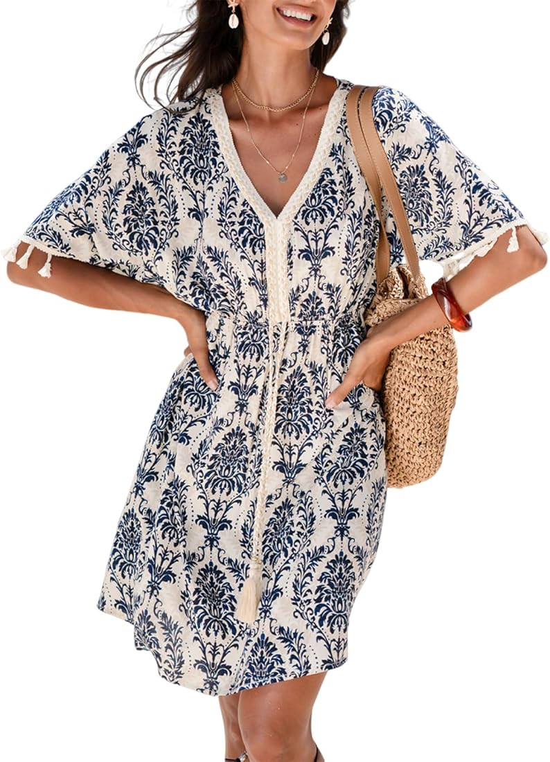 CUPSHE Women Tassel Trim Mini Beach Summer Dress V Neck Short Sleeve Paisley Boho Casual Vacation... | Amazon (US)