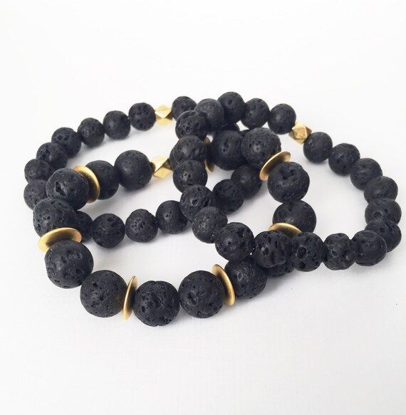 Set of 3 Black Beaded Lava Bracelets - Black and Gold - Lava Beads - Lava Bracelets - Black Beaded B | Etsy (US)