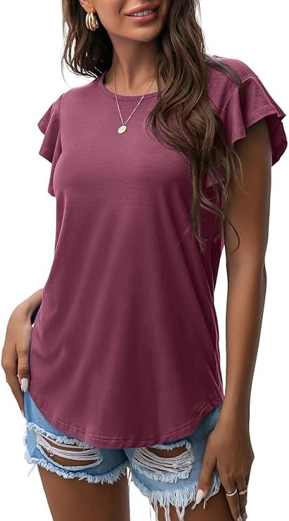 PrinStory Summer Tops Knit Shirts Casual Ruffle Short Sleeve Top Round Neck Tunic Tank Tops Tee B... | Amazon (US)