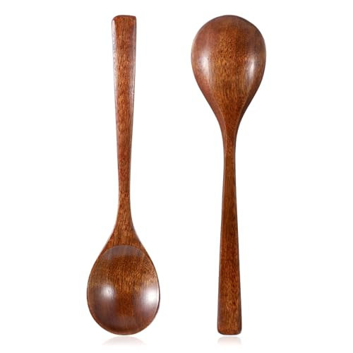 2 Pcs Wooden Spoon for Eating, 7 Inch Wooden Soup Spoons Long Handle Woodens Serving Spoons for Tea, Coffee Desserts Cereal Cooking | Amazon (US)
