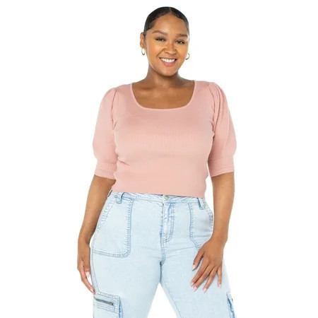 Celebrity Pink Juniors and Juniors Plus Square Neck Sweater with Short Sleeve Puff Sleeves Sizes XXS-3X | Walmart (US)