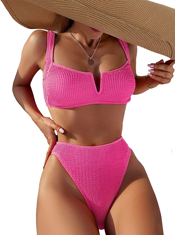 Amazon.com: YELAIVP Women's Ribbed V-Wired High Waisted Bikini Padded Crop Top High Cut Two Piece... | Amazon (US)