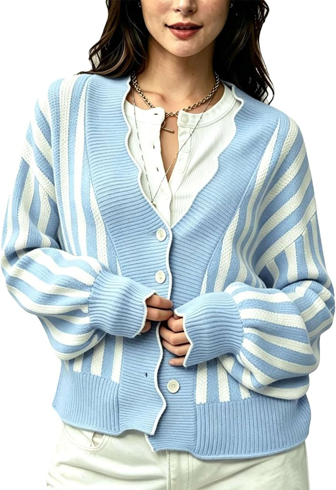 Wanzetaly Women's Striped Cardigan Sweater Long Sleeve V Neck Button Down Scalloped Open Front Ca... | Amazon (US)