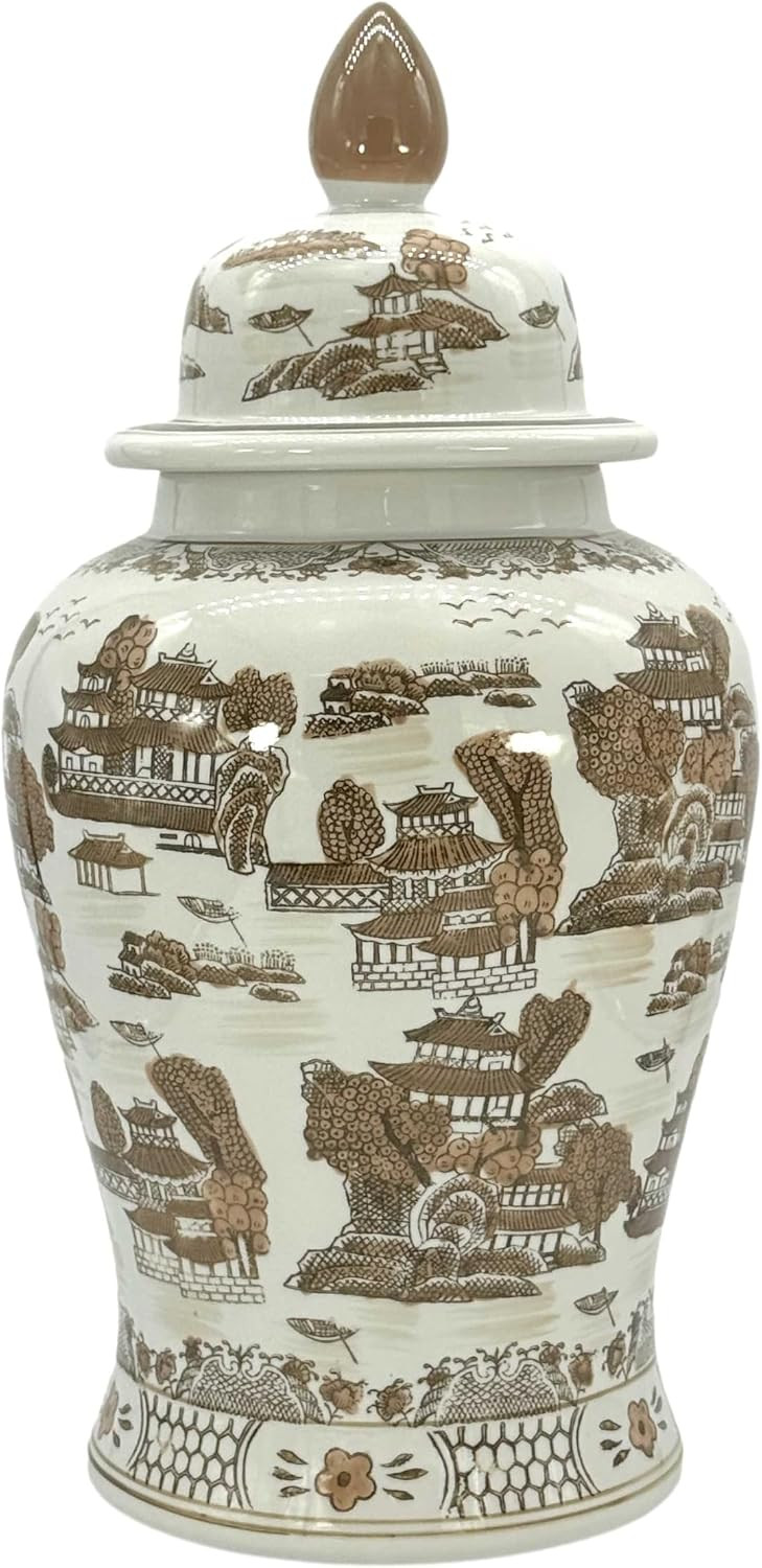 Galt International Large 25" Brown & White Classic Landscape Chinoiserie Ceramic Temple Jar w/Lid - Ginger Jar Home & Kitchen Decor for Interior Design - 25-inch | Amazon (US)