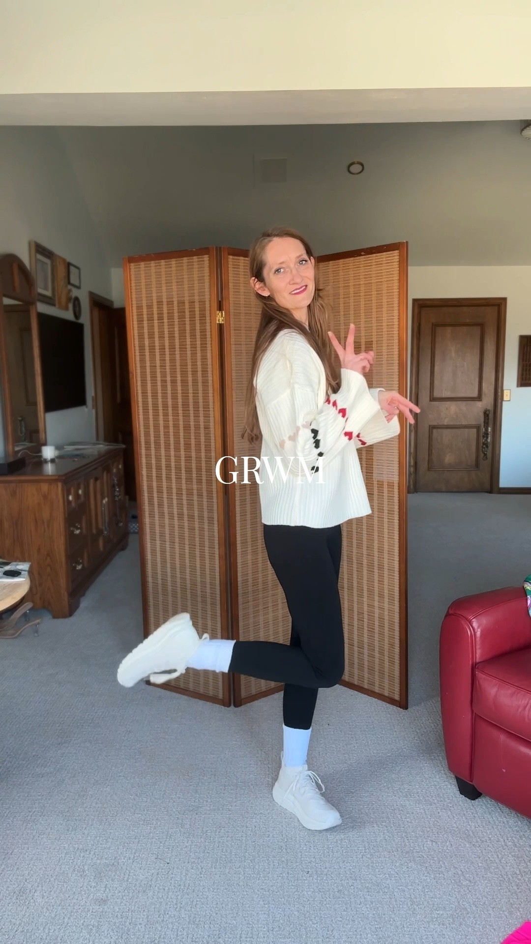 The perfect base layer for Valentines Day. I couldn’t find the sweater anywhere but TTS (in my showcase) but the leggings and shoes are linked below. Loving a cream sneaker, it feels so much less risky than bright white! 

#LTKmomlife #LTKootd #LTKgrwm